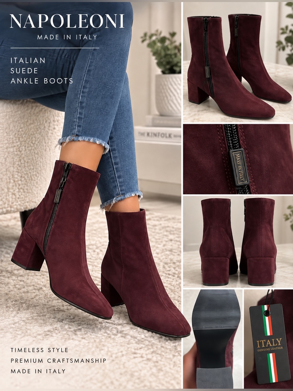 Napoleoni Italian Suede Burgundy Wine Ankle Boots Genuine Leather, Women’s 37